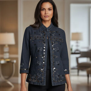 Coldwater Creek Dark Denim Beaded Jacket Embellished Sequins Vintage Boho Folk M